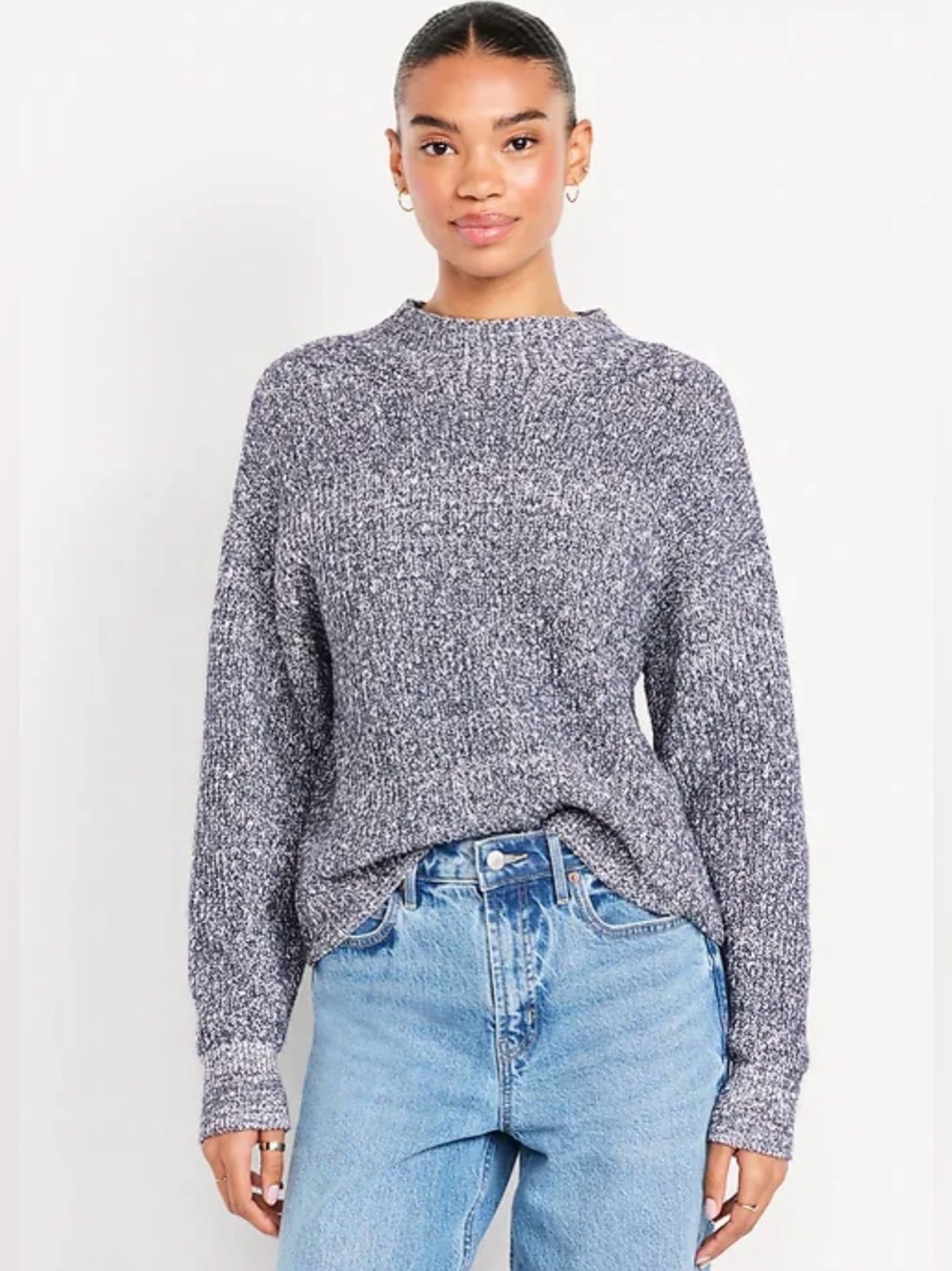 Old Navy SoSoft Cropped Mock Neck Sweater Blue White Marled